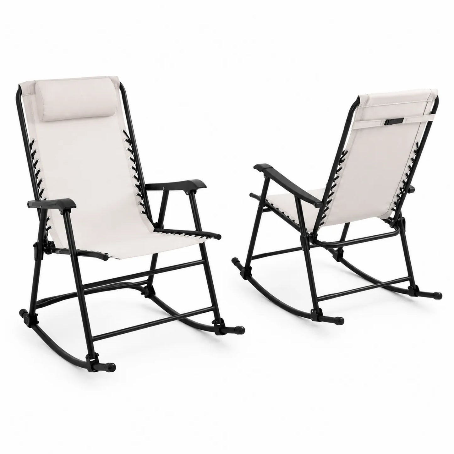 Ensemble de 2 Chaises à Bascule en Métal Noir avec Assise en Polyester Beige