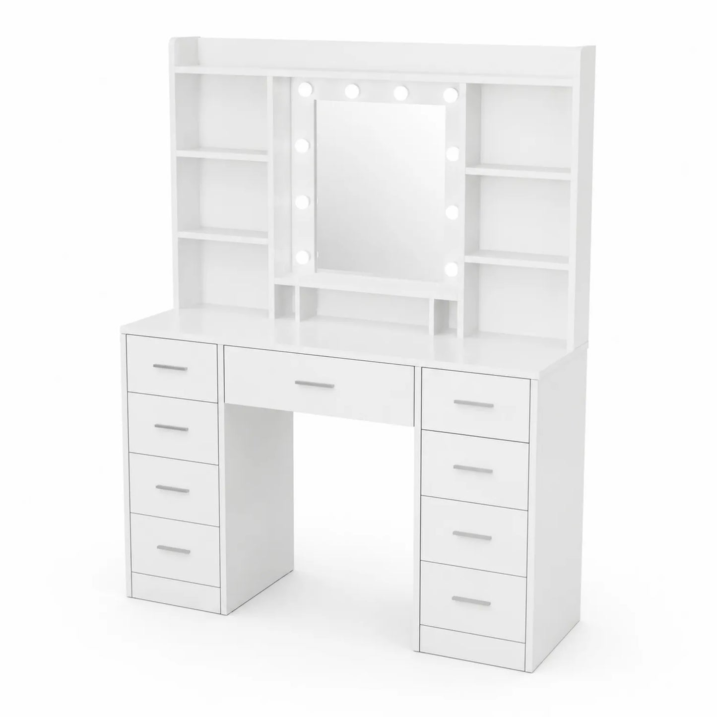 Coiffeuse avec Étagères et Miroir Éclairé en Bois Blanc