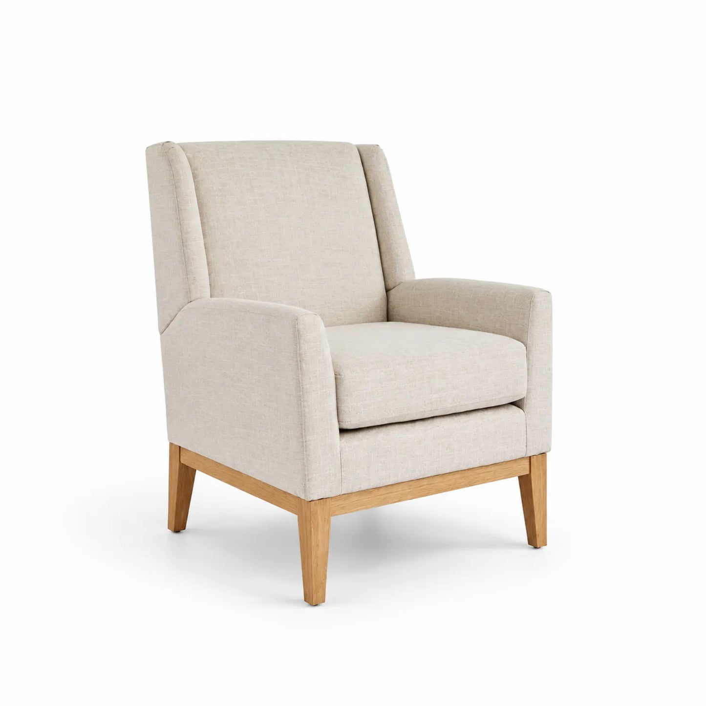 Fauteuil en tissu polyester beige avec pieds en bois de chêne