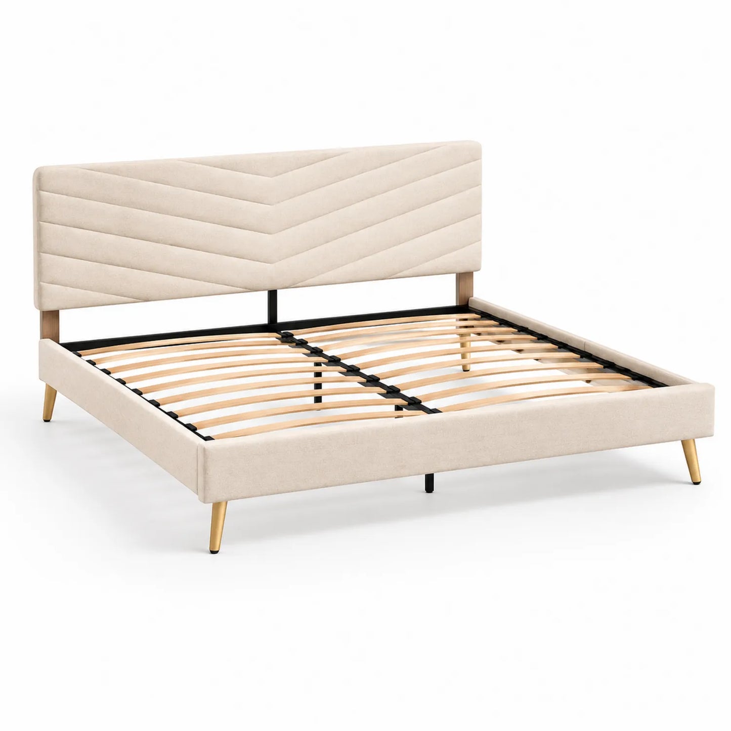 Cadre de lit en bois et métal avec tête de lit en tissu Beige