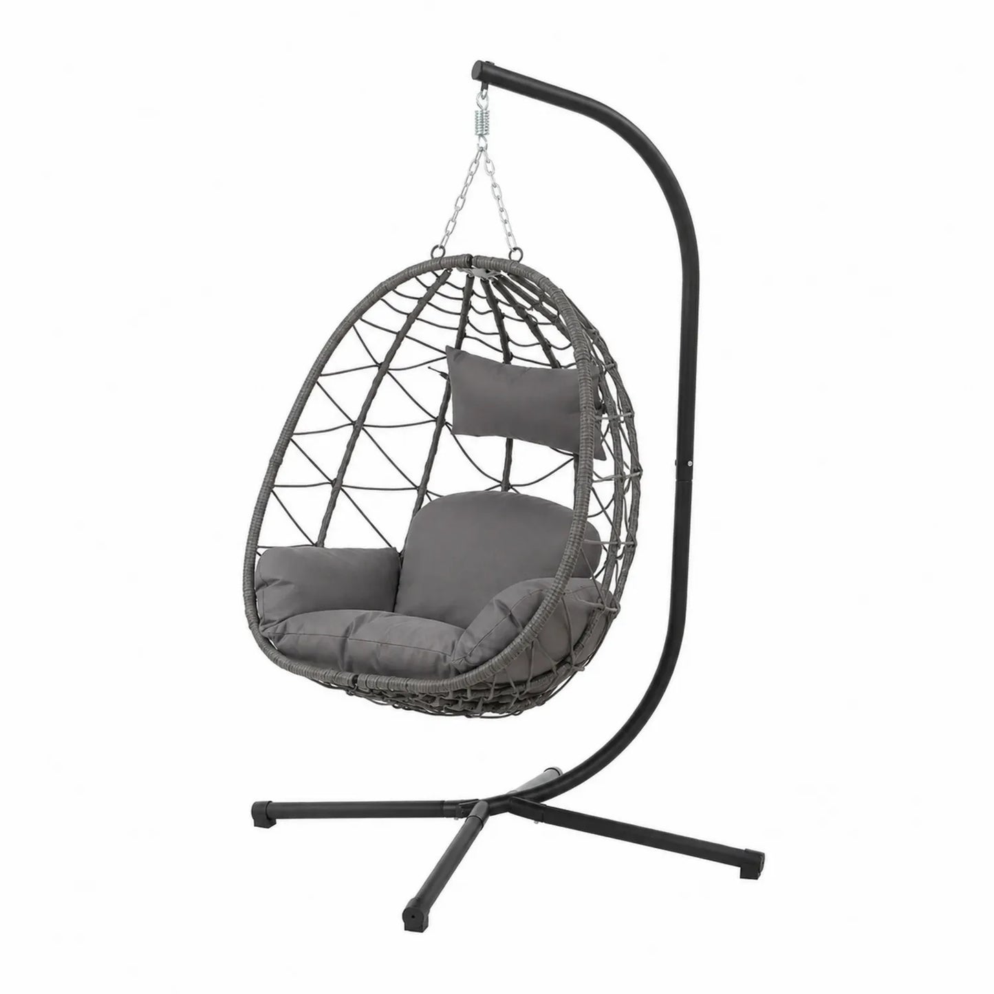 Fauteuil suspendu œuf en résine tressée avec coussins et support métallique, Gris
