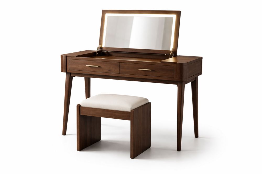 Walnut Wood Vanity Table with Mirror and Stool Set
