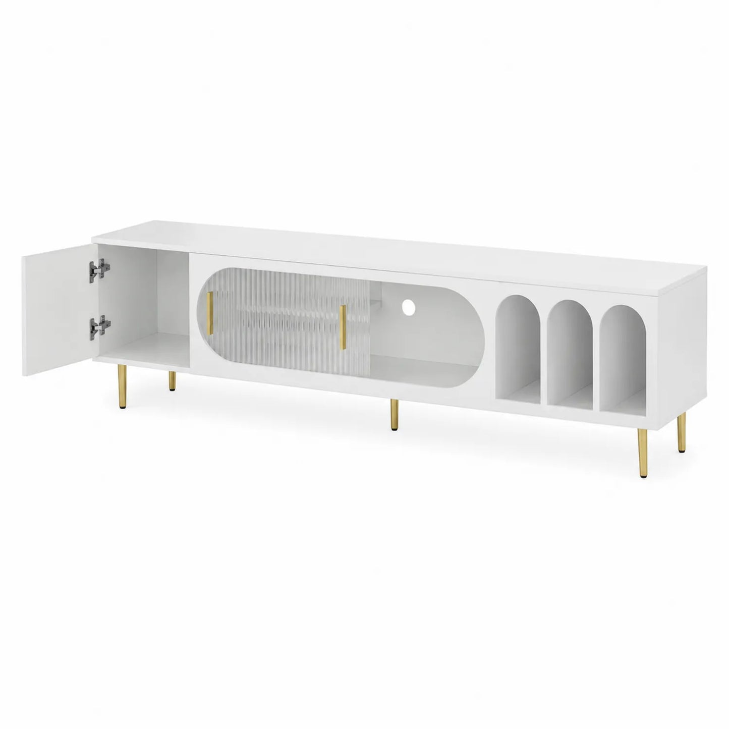 Meuble TV avec porte en verre acrylique et étagères, MDF blanc, pieds métalliques dorés