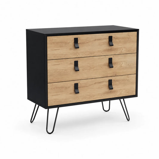 Commode en bois et métal noir avec tiroirs en chêne