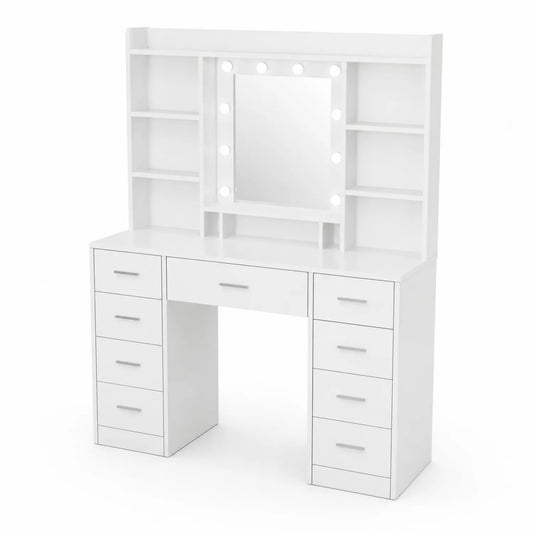 Coiffeuse avec Étagères et Miroir Éclairé en Bois Blanc