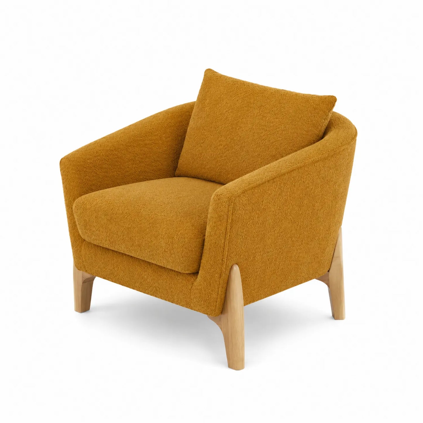 Fauteuil en Tissu Bouclé Jaune Moutarde avec Pieds en Bois