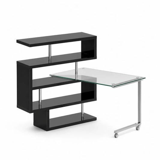 Bureau en Verre Trempé et Métal avec Étagères Noires