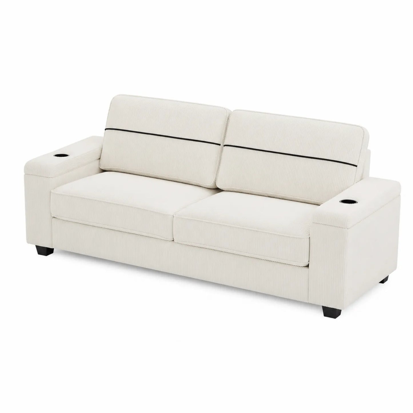 Canapé droit 3 places en tissu côtelé beige avec porte-gobelets