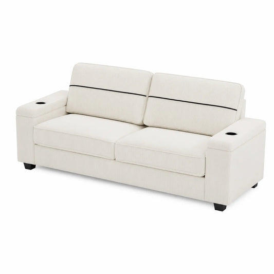 Canapé droit 3 places en tissu côtelé beige avec porte-gobelets
