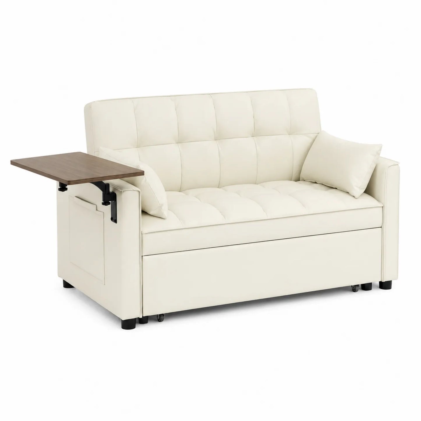 Canapé convertible en similicuir ivoire avec table d'appoint