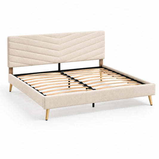 Cadre de lit en bois et métal avec tête de lit en tissu Beige