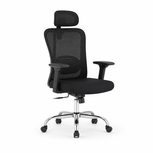 Chaise de bureau ergonomique en maille noire avec appui-tête réglable