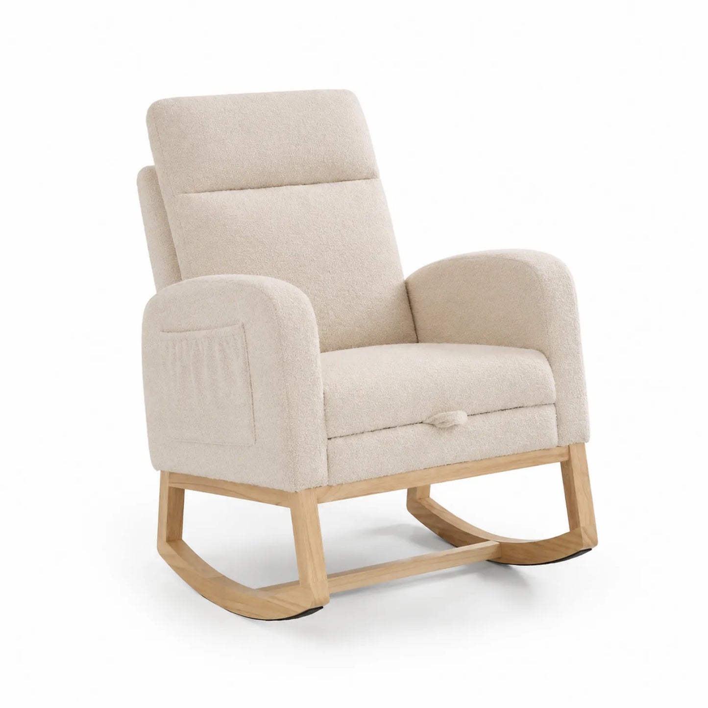 Chaise berçante en tissu bouclé ivoire avec structure en bois de hêtre
