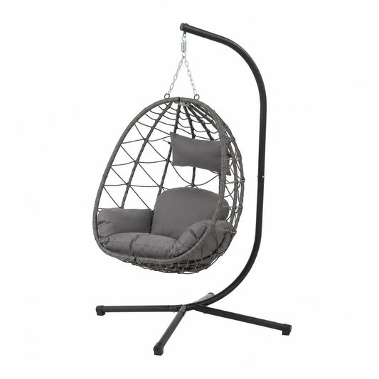 Fauteuil suspendu œuf en résine tressée avec coussins et support métallique, Gris