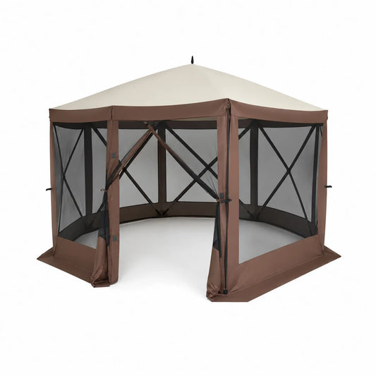 Pavillon Hexagonal 3x3 m en Polyester avec Moustiquaire Marron/Beige