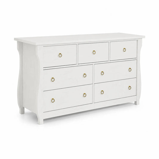 Commode en bois blanc à 7 tiroirs avec poignées en laiton