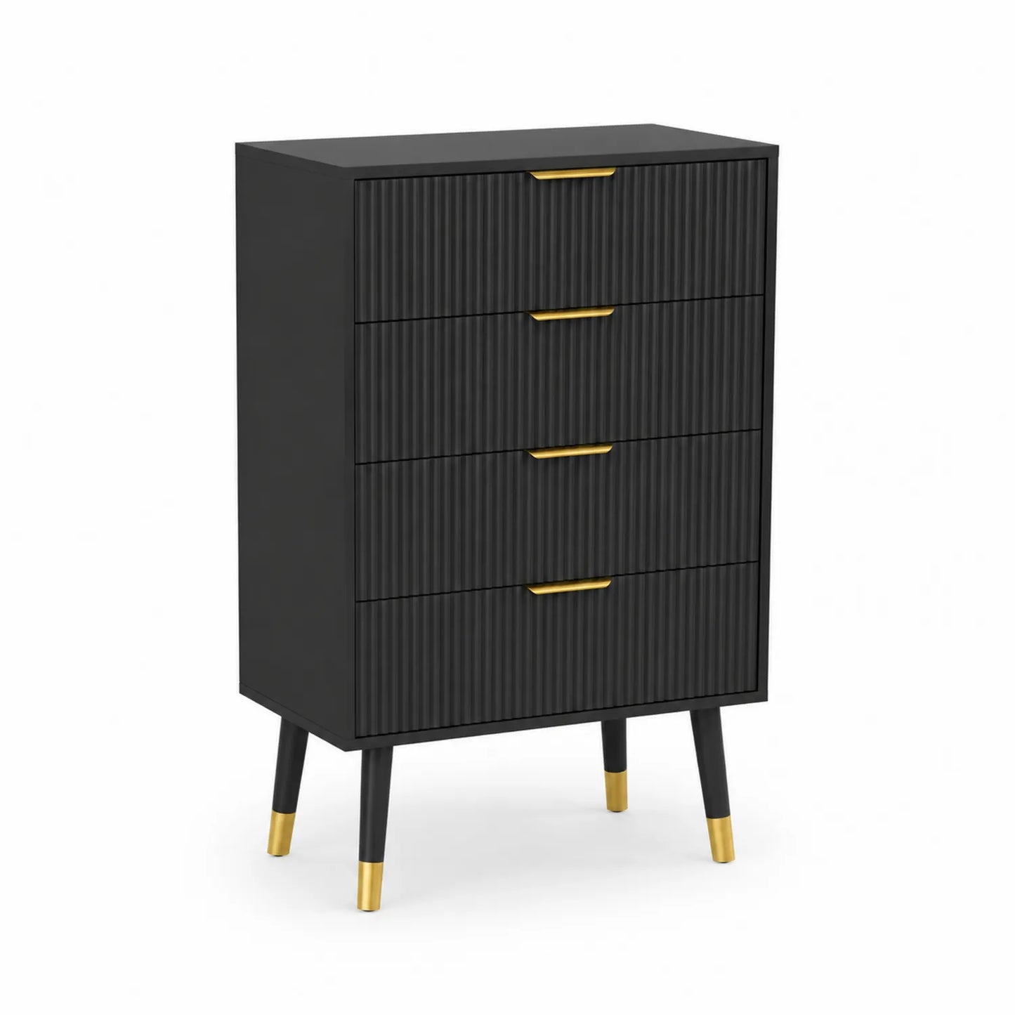 Commode haute 4 tiroirs bois Noir avec poignées dorées