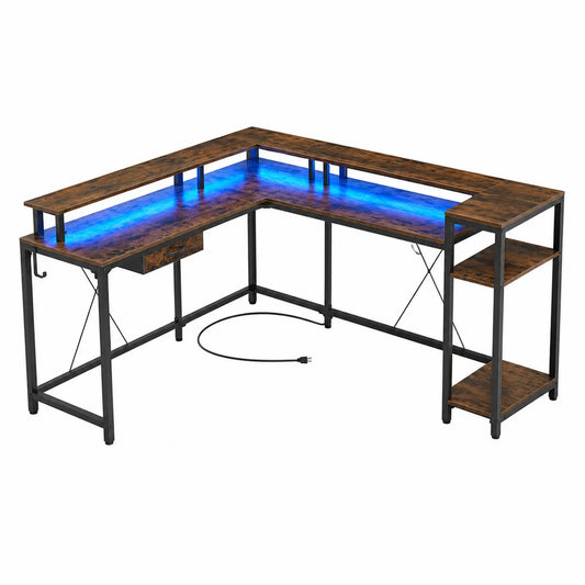 Bureau d'angle en L avec LED RGB, bois et métal, Marron/Noir