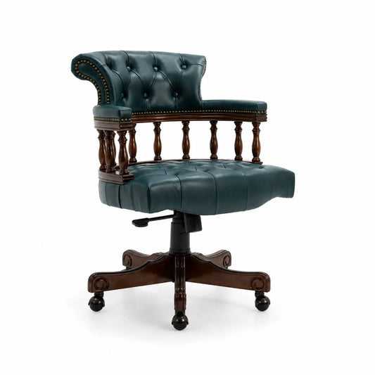 Chaise de bureau rotative en cuir vert avec accoudoirs en bois