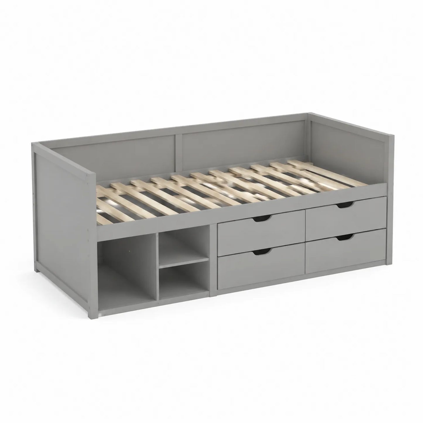 Lit banquette en bois avec tiroirs et étagères 200x90 cm Gris