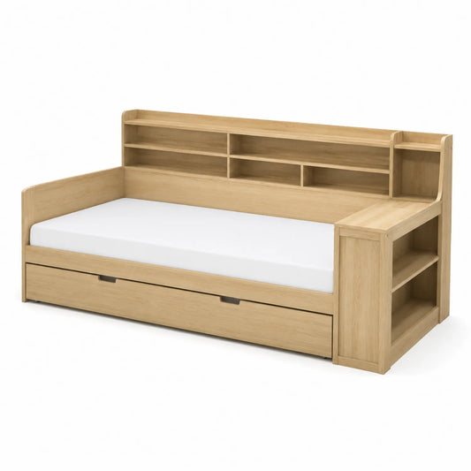 Lit banquette avec étagères intégrées en bois de chêne
