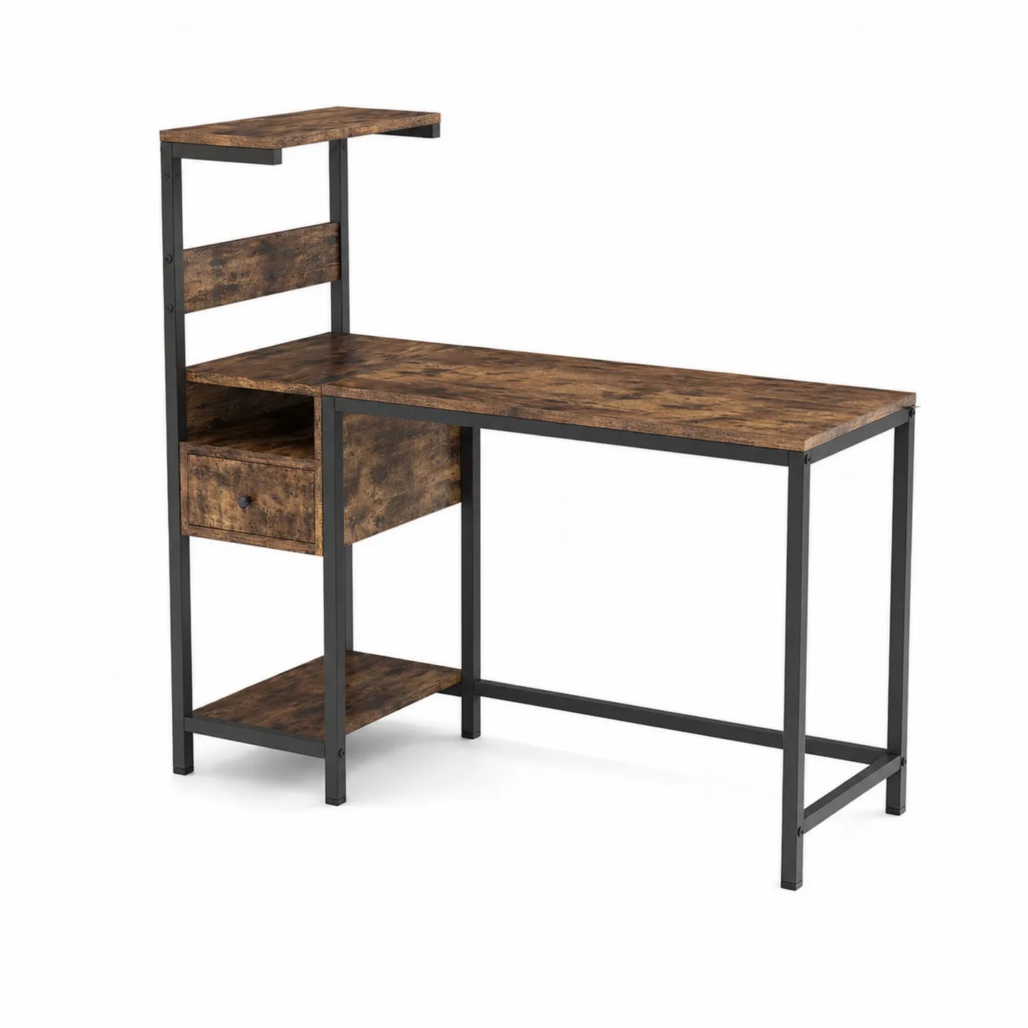 Bureau rectangulaire en bois et métal avec étagères, 120 cm