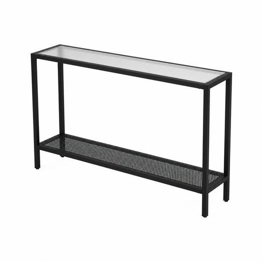Console en métal avec étagère en maille et verre trempé 120x25x80 cm Noir