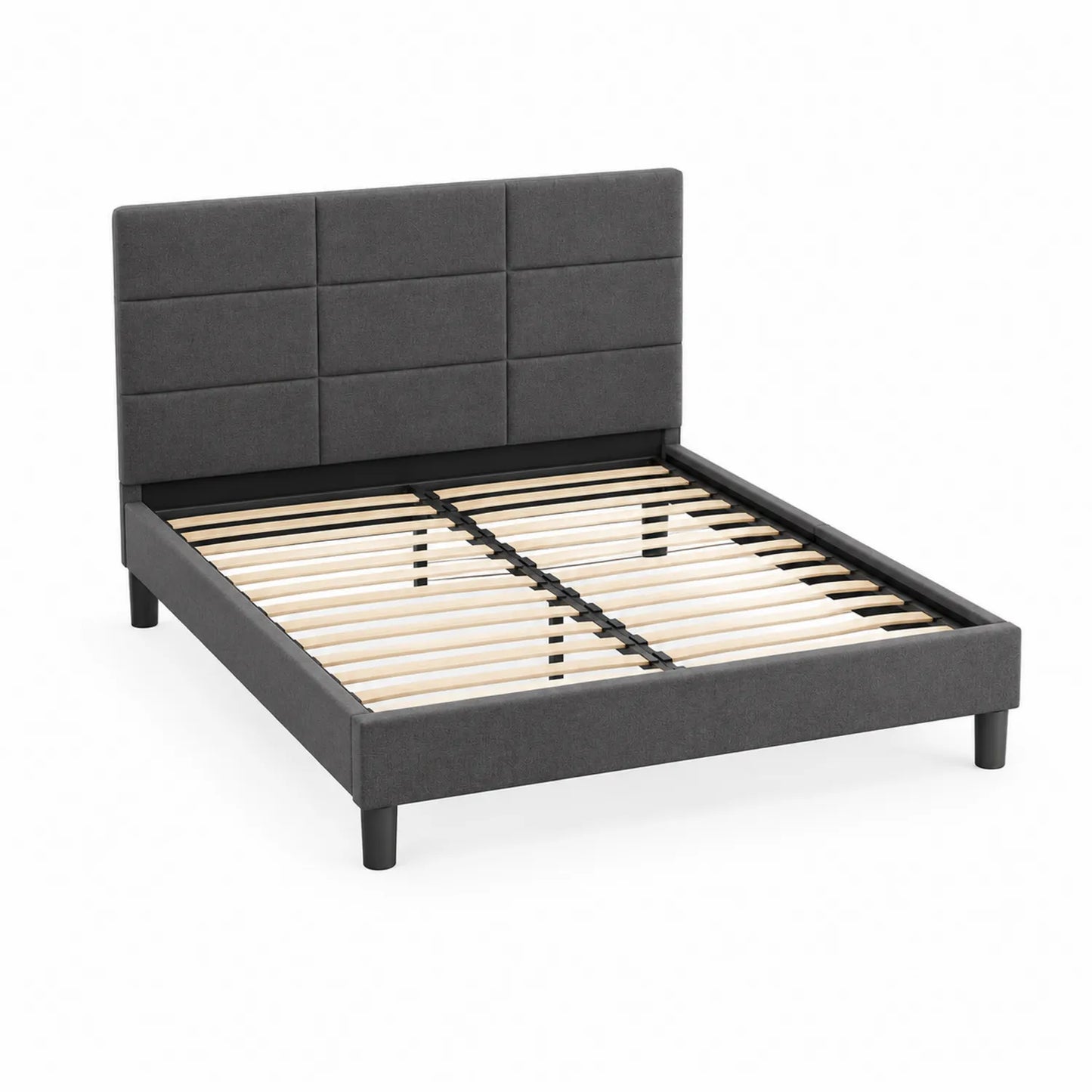 Lit double en tissu gris avec lattes en bois