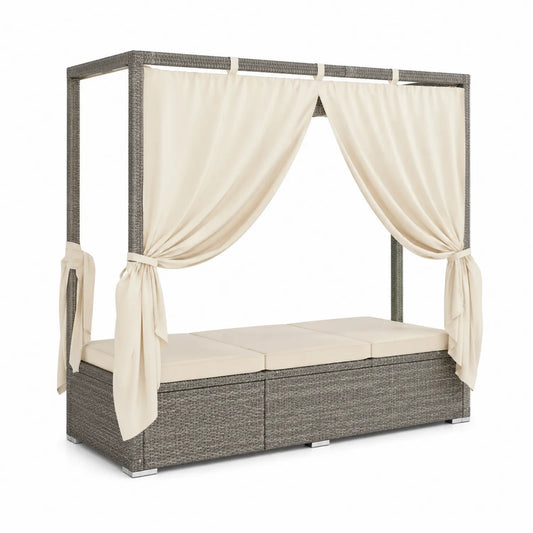 Lit de jour en rotin avec rideaux en polyester