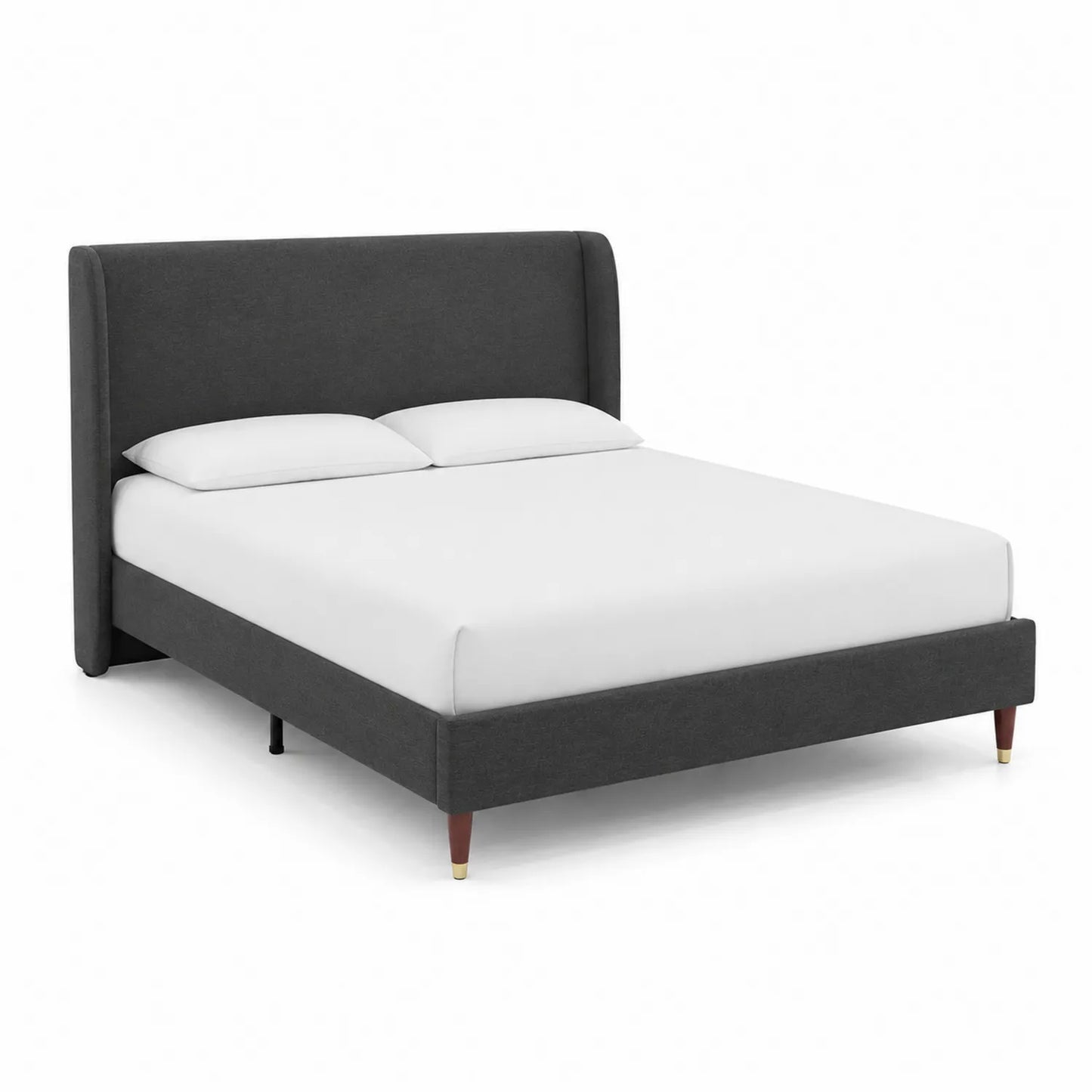 Lit double en tissu gris avec structure en bois et pieds en métal