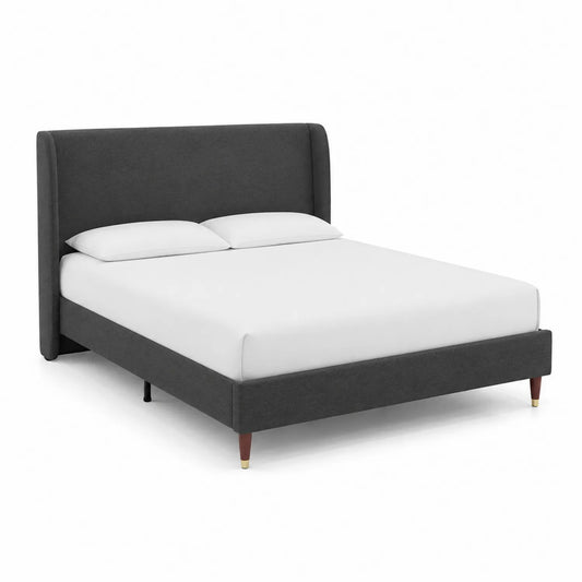 Lit double en tissu gris avec structure en bois et pieds en métal