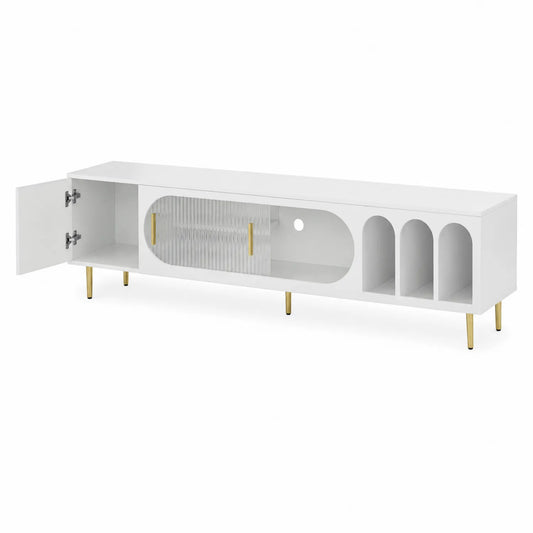 Meuble TV avec porte en verre acrylique et étagères, MDF blanc, pieds métalliques dorés
